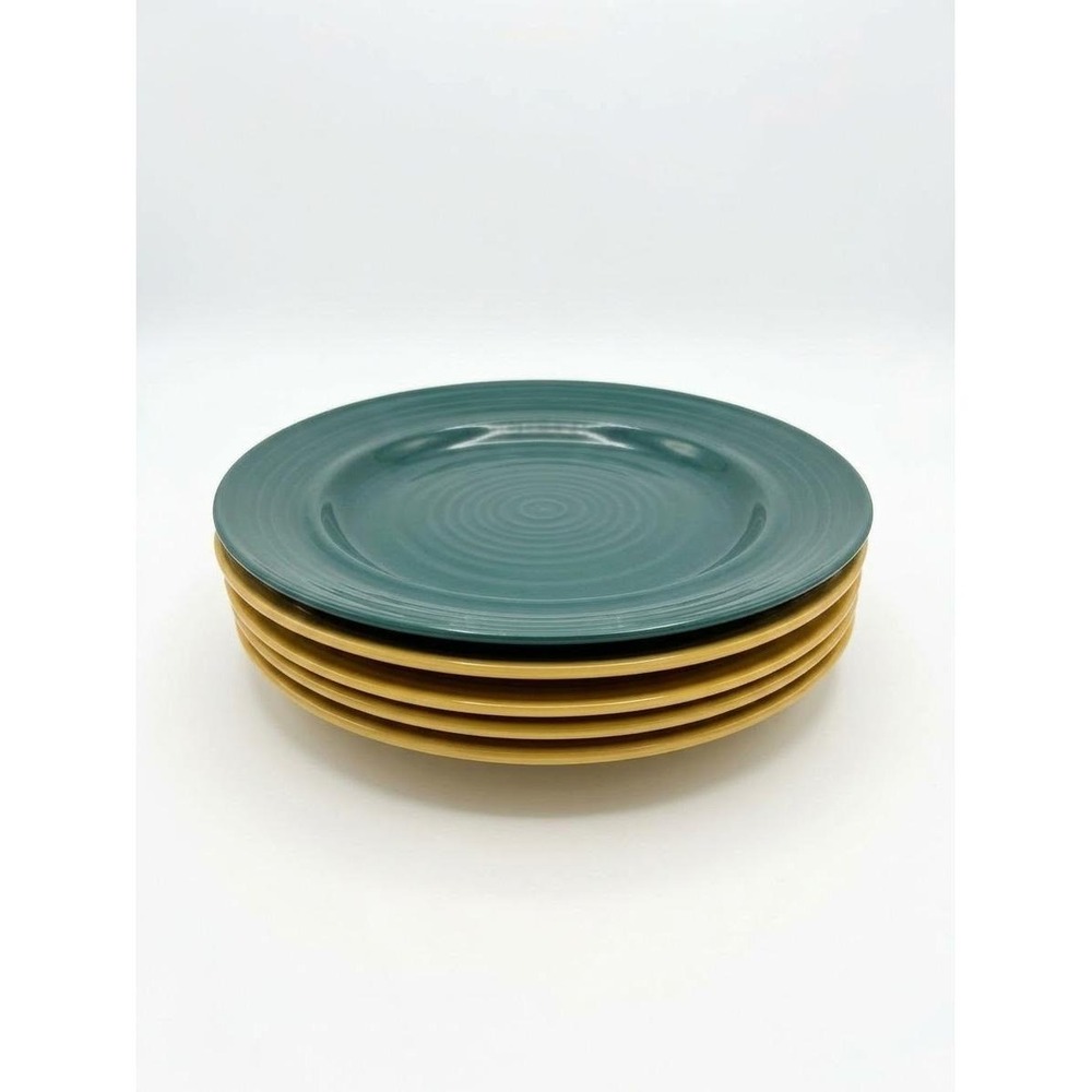 Pier 1 Japan Festival Stoneware Plates Set of 5 Teal Green Mustard Yellow 8 in